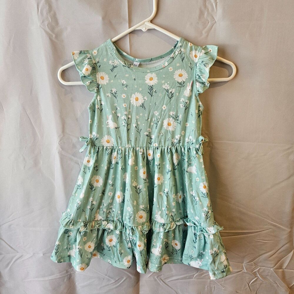 Mint Green Daisy & Bunny Babydoll Dress Girls 4-5T Flutter Sleeves Ruffled Skirt